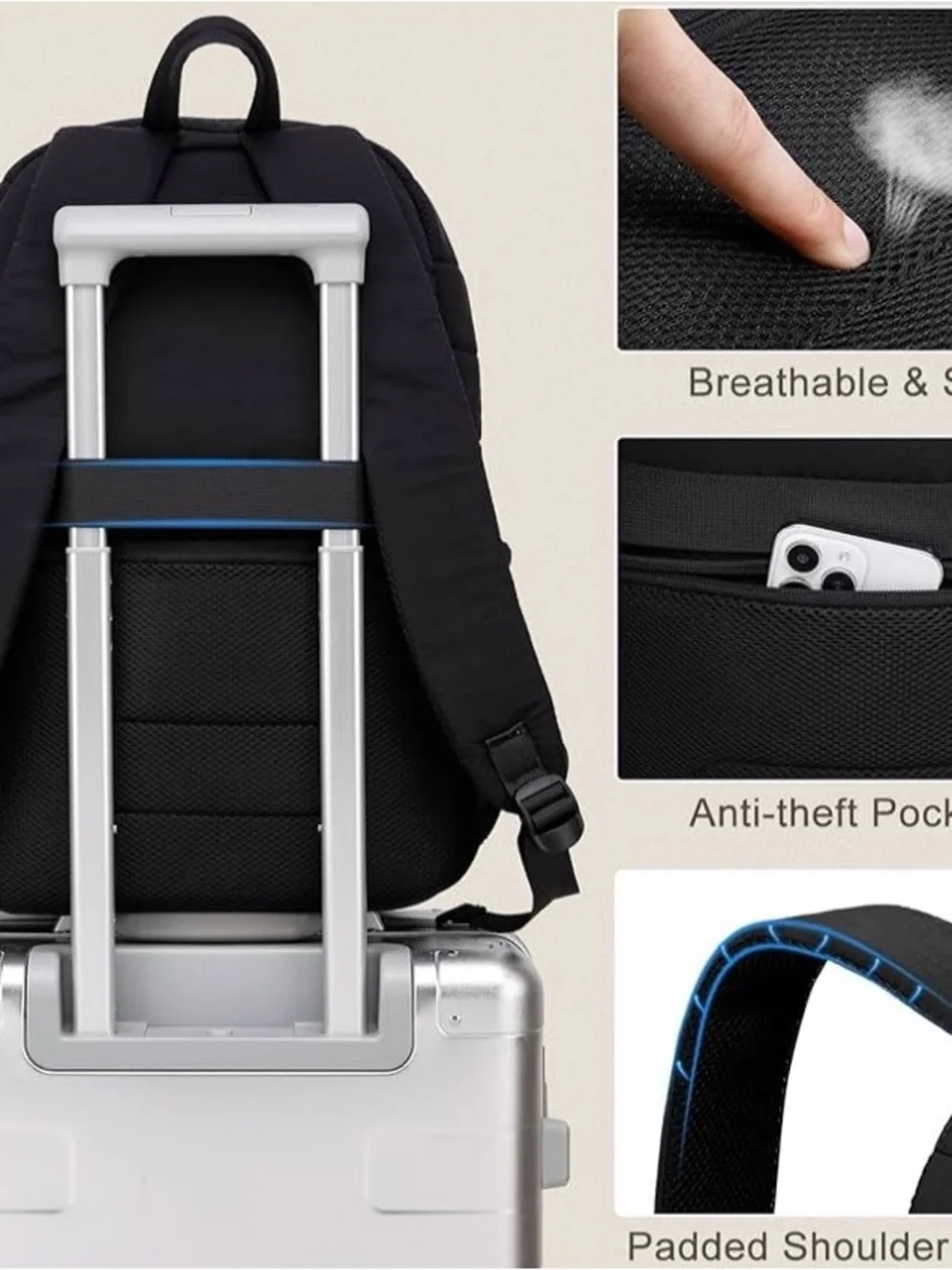 kadilong Laptop Book bag Backpack‎ for College or Travel, Black Quilt, USB Ready